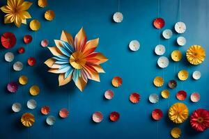 colorful paper flowers on a blue wall. AI-Generated photo