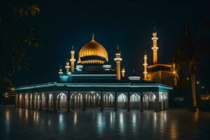 the mosque at night with lights on. AI-Generated photo