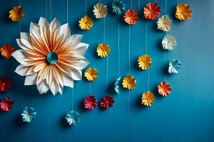 a colorful flower hanging from a blue wall. AI-Generated photo