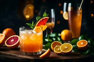 a cocktail with oranges and mint on a wooden table. AI-Generated photo