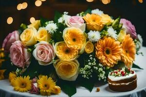 a bouquet of flowers and a cake on a table. AI-Generated photo