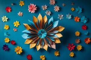 a colorful flower wall made from folded paper. AI-Generated photo