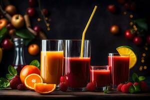 fresh fruit juice in glasses on a dark background. AI-Generated photo