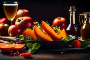 sliced fruit in a bowl with a glass of juice. AI-Generated photo