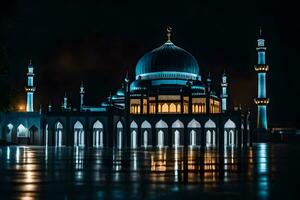 the mosque at night with its lights on. AI-Generated photo