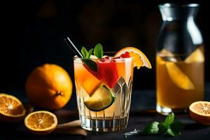 a glass of orange juice with fruit and mint. AI-Generated photo