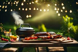 a barbecue with meat and vegetables on a table. AI-Generated photo