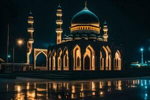 a mosque lit up at night with a light reflecting off the water. AI-Generated photo
