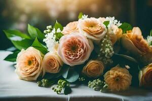 un ramo de flores de flores en un mesa. generado por ai foto