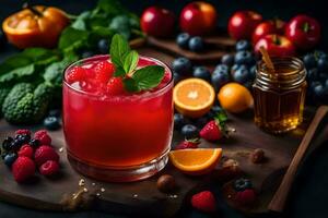 a glass of juice with berries and other fruits. AI-Generated photo