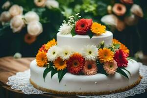 a white cake with colorful flowers on top. AI-Generated photo