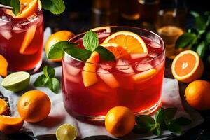 two glasses of red drink with oranges and mint leaves. AI-Generated photo