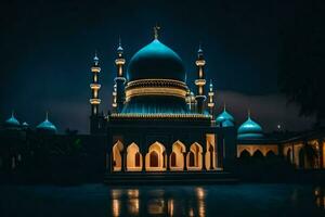 el mezquita a noche con azul luces. generado por ai foto
