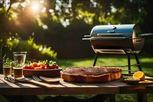 a grill and a plate of food on a table. AI-Generated photo