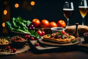 food and drinks on a wooden table. AI-Generated photo