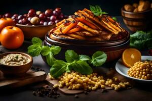 a bowl of food with vegetables, nuts and other ingredients. AI-Generated photo