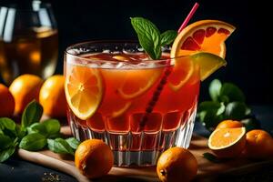 un vaso de naranja jugo con menta hojas y naranjas generado por ai foto