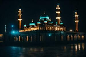 the mosque at night with blue lights. AI-Generated photo