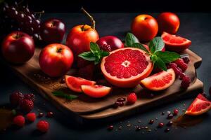 fresh fruits on a cutting board. AI-Generated photo