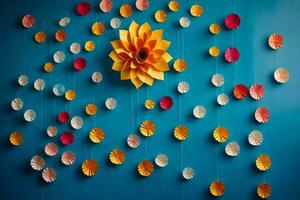 a wall with colorful paper flowers hanging from it. AI-Generated photo