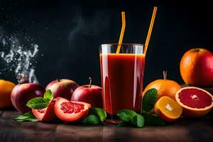 a glass of juice with oranges and apples. AI-Generated photo