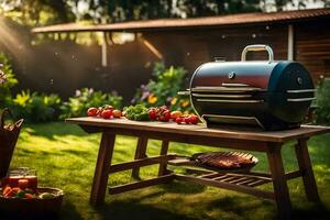 a barbecue grill on a table in the garden. AI-Generated photo