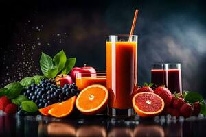 juice with fruits and berries on a dark background. AI-Generated photo