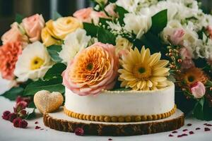 a wedding cake with flowers on top. AI-Generated photo