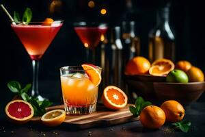 a cocktail with orange slices and garnishes. AI-Generated photo