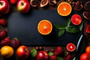 various fruits and vegetables arranged on a black board. AI-Generated photo