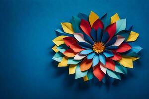 a colorful flower made out of paper on a blue background. AI-Generated photo