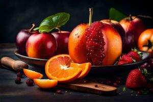 a plate of fruits with oranges, apples and strawberries. AI-Generated photo