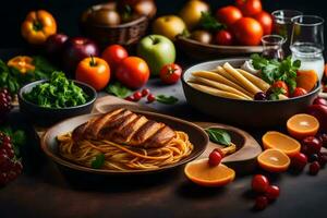 a plate of food with pasta, vegetables and fruit. AI-Generated photo