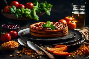 a plate with a cake and vegetables on it. AI-Generated photo