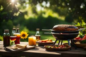 a picnic table with food and drinks on it. AI-Generated photo