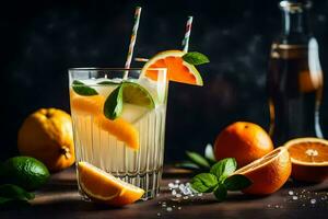 a glass of orange juice with a lime slice. AI-Generated photo