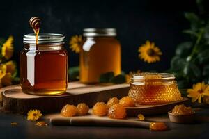 honey and honeycomb on a wooden board. AI-Generated photo