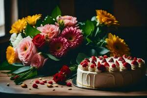 a cake with flowers and berries on a table. AI-Generated photo