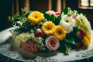 a bouquet of flowers on a table. AI-Generated photo