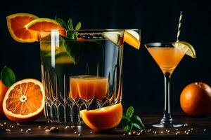 orange juice and cocktails on a dark background. AI-Generated photo