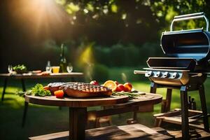 a grill and a table with food on it. AI-Generated photo