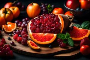 fresh fruits on a wooden cutting board. AI-Generated photo