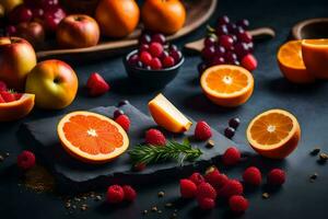 fresh fruits and vegetables on a black background. AI-Generated photo