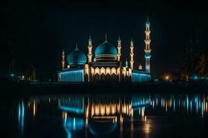 the mosque at night with its lights on. AI-Generated photo