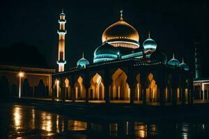 a mosque lit up at night with blue lights. AI-Generated photo