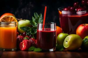 a variety of fruits and juices are arranged on a table. AI-Generated photo