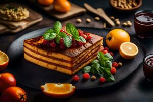 a piece of cake with berries and oranges on a black plate. AI-Generated photo
