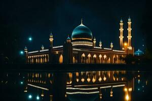 the night time view of a mosque in malaysia. AI-Generated photo