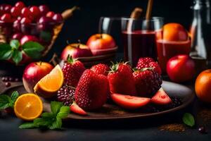 fresh fruit and juice on a dark table. AI-Generated photo