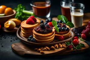pancakes with berries and other ingredients on a wooden plate. AI-Generated photo